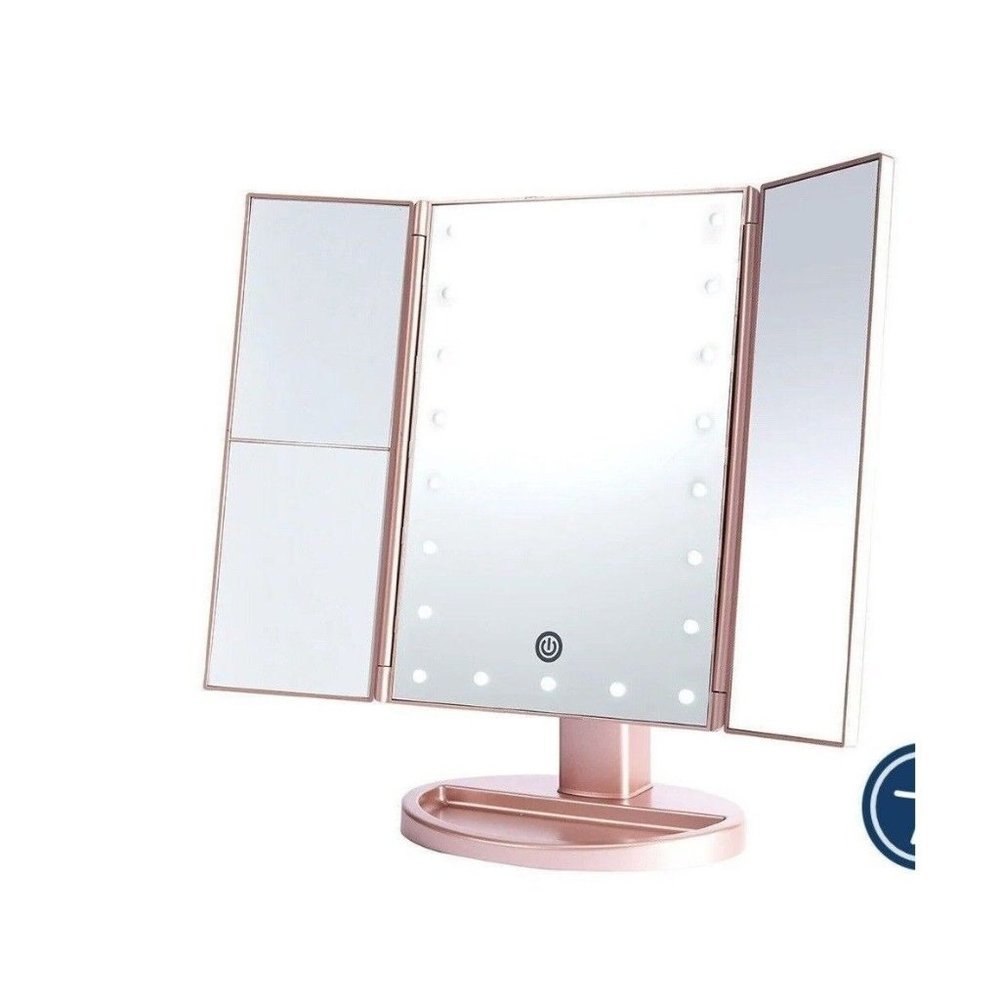 Tri-Fold Vanity Makeup Mirror  LED Lighted 3X Folding Cosmetic Touch  24x34 Pink